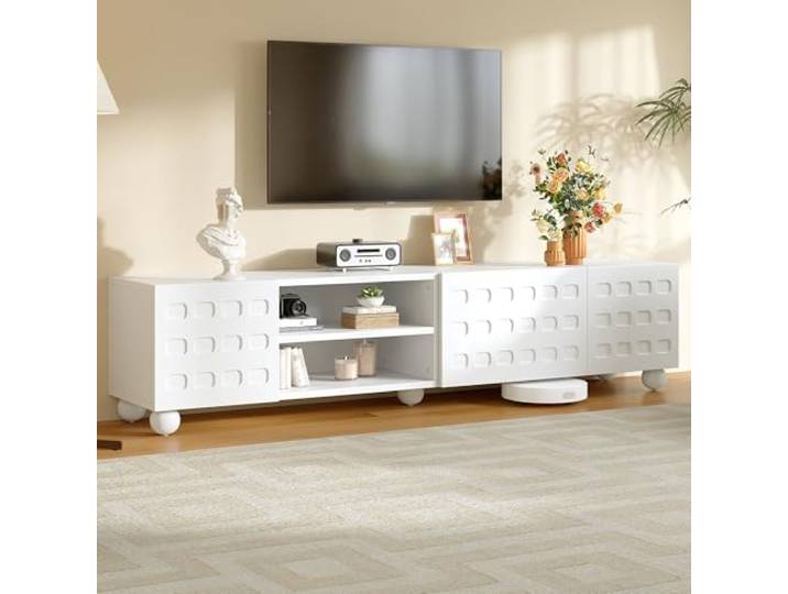 Merax TV-Schrank 200cm, Eleganter Lowboard mit 3 Türen & Offene Regale, TV-ständer für Fernseher bis zu 80 Zoll, aufgedrucktem Design, Kugelförmige Tischbeine, Holz Fernsehschrank für Wohnzimmer, Weiß
