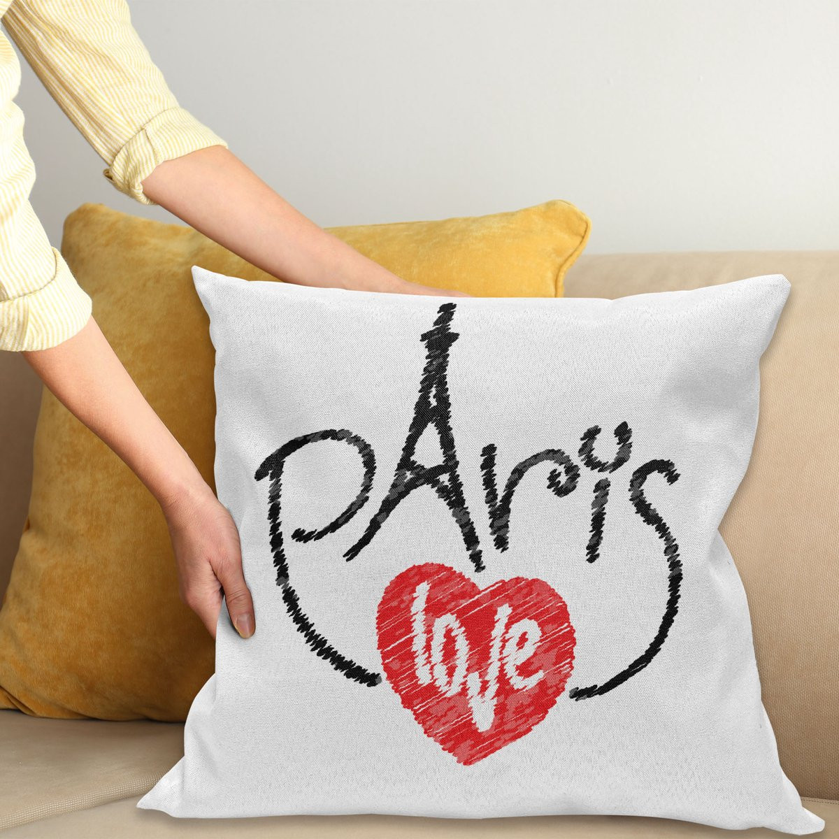 ABAKUHAUS Paris Sierkussenhoes met Eiffel Tower Silhouet en Hartjes Illustratie, Zwart Wit, 45 x 45 cm