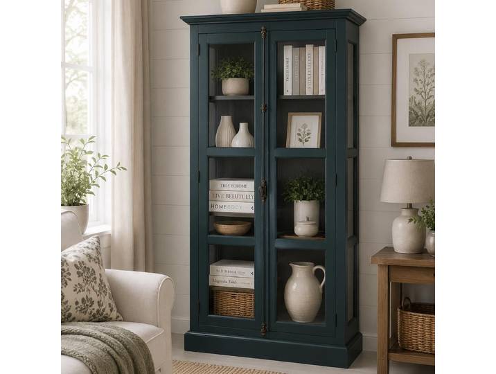 Landhaus Vitrine - Schrank mit Glastüren Ozeanblau