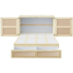 STILVORA Schrankbett Holz Naturholz 140x200 cm, mit Lattenrost, Stauraumschubladen und Rattan-Optik