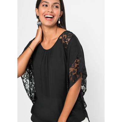 Langarmbluse BONPRIX, Damen, Gr. 42, schwarz, Obermaterial: 100% Polyester. Spitze: 100% Polyester, figurumspielend, Blusen, figurumspielende Passform, aus Polyester, mit Applikationen