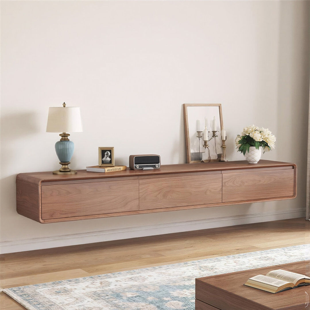 Brayden Studio 210cm Floating TV Unit, Modern Wall Mounted TV Cabinet with Sliding Doors and Storage Shelves, Fluted Walnut Effect Media Console with Rounded Corners Brown 210cm(Sliding Door TV Unit)