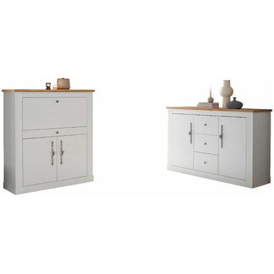 Büromöbel-Set OTTO HOME "Westminster, wohnliches Home-Office, Büro in zwei Farben verfügbar", weiß (pinie weiß), Holzwerkstoff, Arbeitsmöbel-Sets, Büromöbel-Set, enthält Sekretär und Sideboard im Landhausstil, mit Kabelkanal