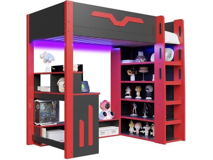 VUENOR Lit mezzanine 90x200 cm VUENOR noir et rouge – bureau intégré rangements LED