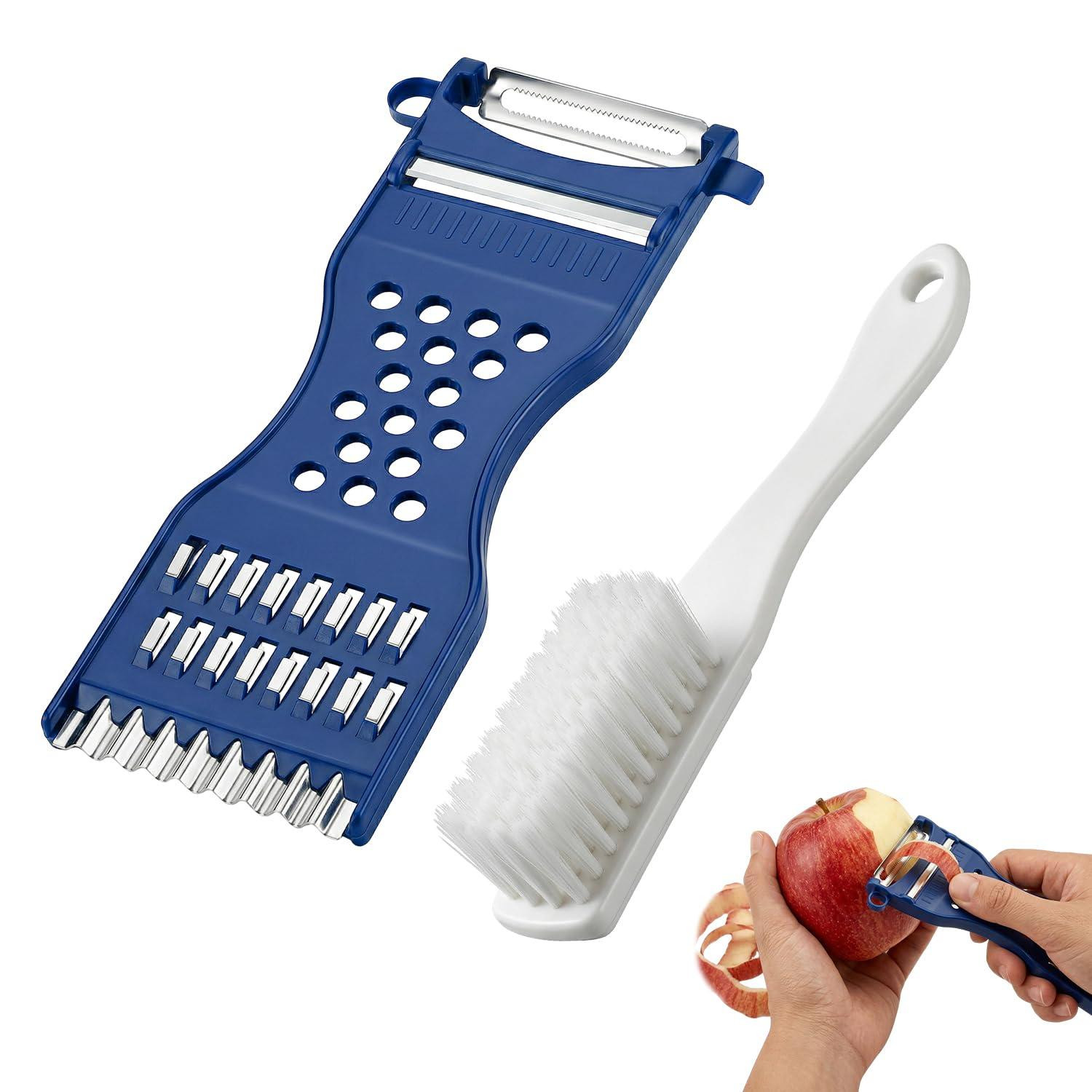 Dripio Multifunctionele groentesnijder met reinigingsborstel, roestvrij staal, blauw