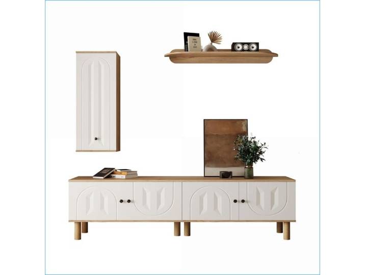 Meuble TV & Divertissement 3 Pièces - Panneaux Sculptés Blanc & Naturel - Rangement Modulaire