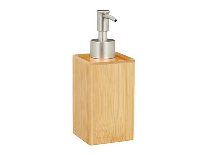 Relaxdays Distributeur de Savon\, Rechargeable\, Bouteille à Pompe\, Bambou & Plastique\, 200 ML\, Bain\, Nature/Argent