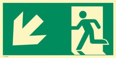 moedel Fluchtwegschild „Notausgang links abwärts“, nach ISO 7010 E001, Kunststoff, langnachleuchtend, B 400 x H 200 mm