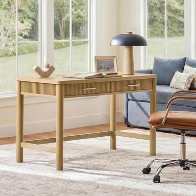 HULALA HOME Olivine Modern Fluted Solid Wood Desk with Charging Station & 2 Drawers