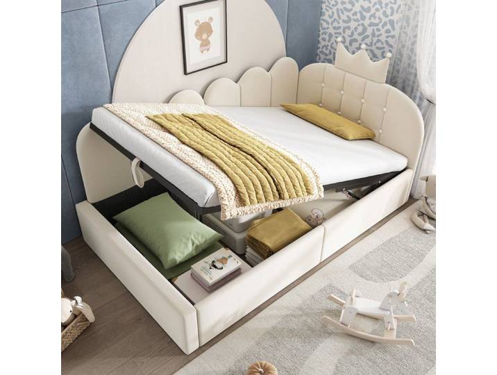 Lit gigogne - GENERIQUE - 90x200 cm - Velours beige - Sommier à lattes intégré - Coffre hydraulique