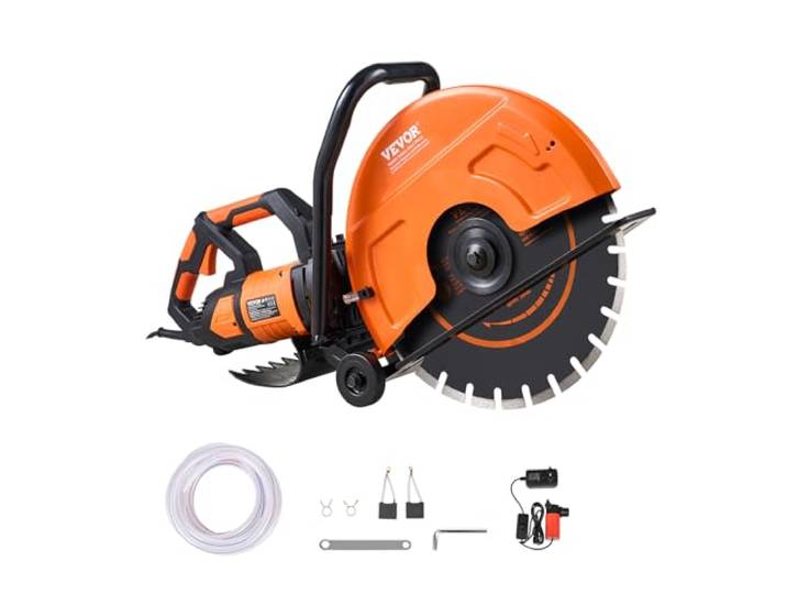 VEVOR Scie à Béton Électrique 2800 W\, Scie Circulaire à Béton pour Pierre et Brique\, Coupe Humide\, Profondeur de Coupe Réglable jusqu'à 152 mm\, Disque 406 mm\, avec Pompe à Eau\, Tuyau d'Eau et Lame