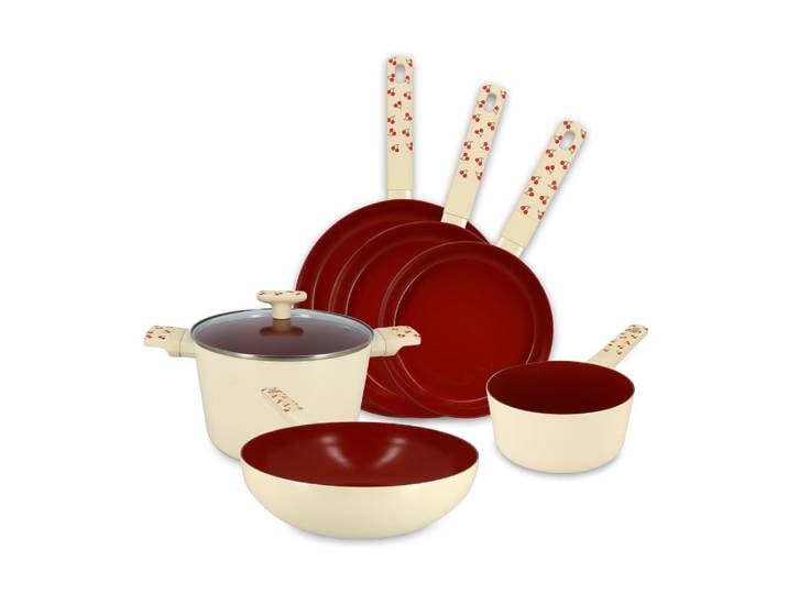 Batterie de cuisine 6 pièces en aluminium et motif cerise rouge