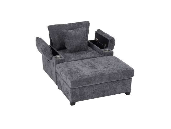 Fauteuil inclinable en chenille gris foncé avec porte-gobelets et usb