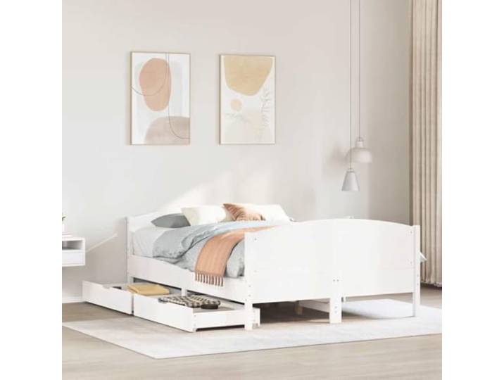 RJPLMFV Bettgestell, Kiefernholz, massiv, 140 x 190 cm, Weiß mit 2 Aufbewahrungsschubladen, Lattenrost, Kopfteil, Rollen, ohne Matratze
