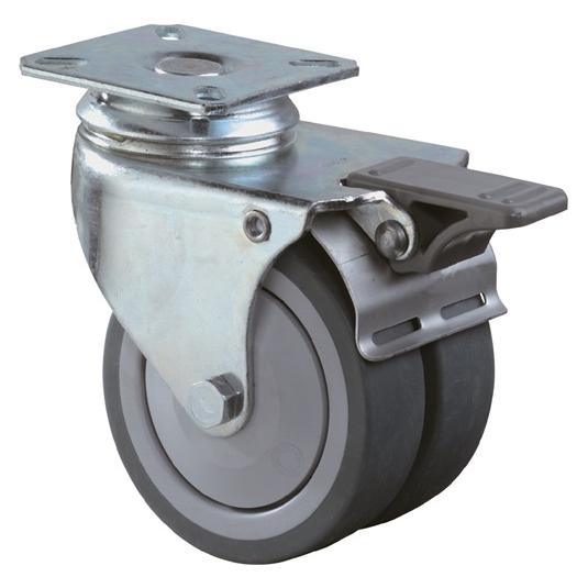 BS Rollen Doppel-Lenkrolle mit Totalfeststeller 75 mm 80 kg mit Feststeller Gummi grau 77 x 67 mm (B120.A85.075)