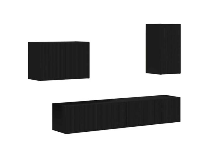 hliofuir 4-TLG TV-Wandschrank-Set Hängend Schwarz Holzwerkstoff Wandhängende Medienaufbewahrung für Wohnzimmer und Gästezimmer mit 7 Türen und flexiblen Hängeschränken.