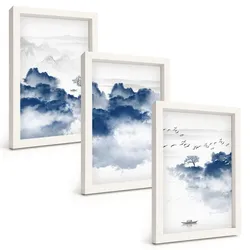 BILDER SET 3er Set - 20x30 cm Weißer Rahmen - Berge, Wolken, Bäume, Vögel