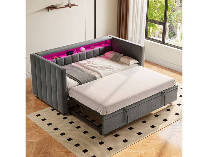 DRIPEX Canapé-lit multifonctionnel 90x190cm avec lit gigogne port USB Type-C éclairage LED Lit rembourré en velours Gris