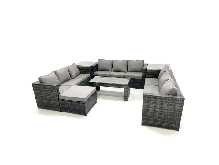 Fimous Gartenmöbel Couchtisch SET mit Sofa Polyrattan Outdoor 10-Sitzer, Dunkelgrau, Metall, Kunststoff, Glas, Füllung: Schaumstoff,Schaumstoff, rechteckig, Gartenmöbel, Gartengarnituren, Gartenmöbel-Sets
