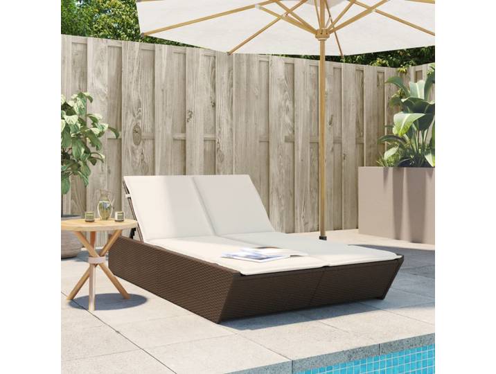 vidaXL Doppel-Sonnenliege mit Auflagen Braun Poly Rattan