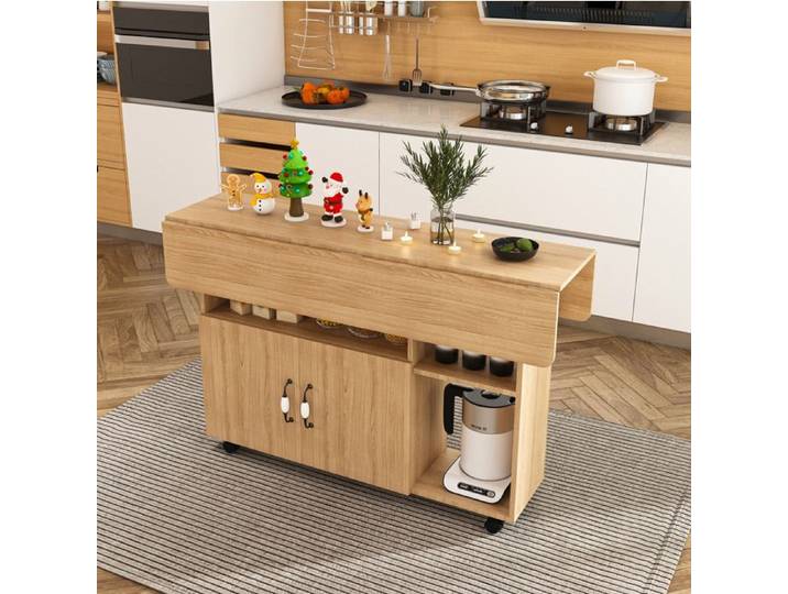 Table À Manger Pliante Rectangulaire Chêne Clair Table Roulante FloraGrace Pour Cuisine Ou Bureau 5 Rangements 110x70x80cm