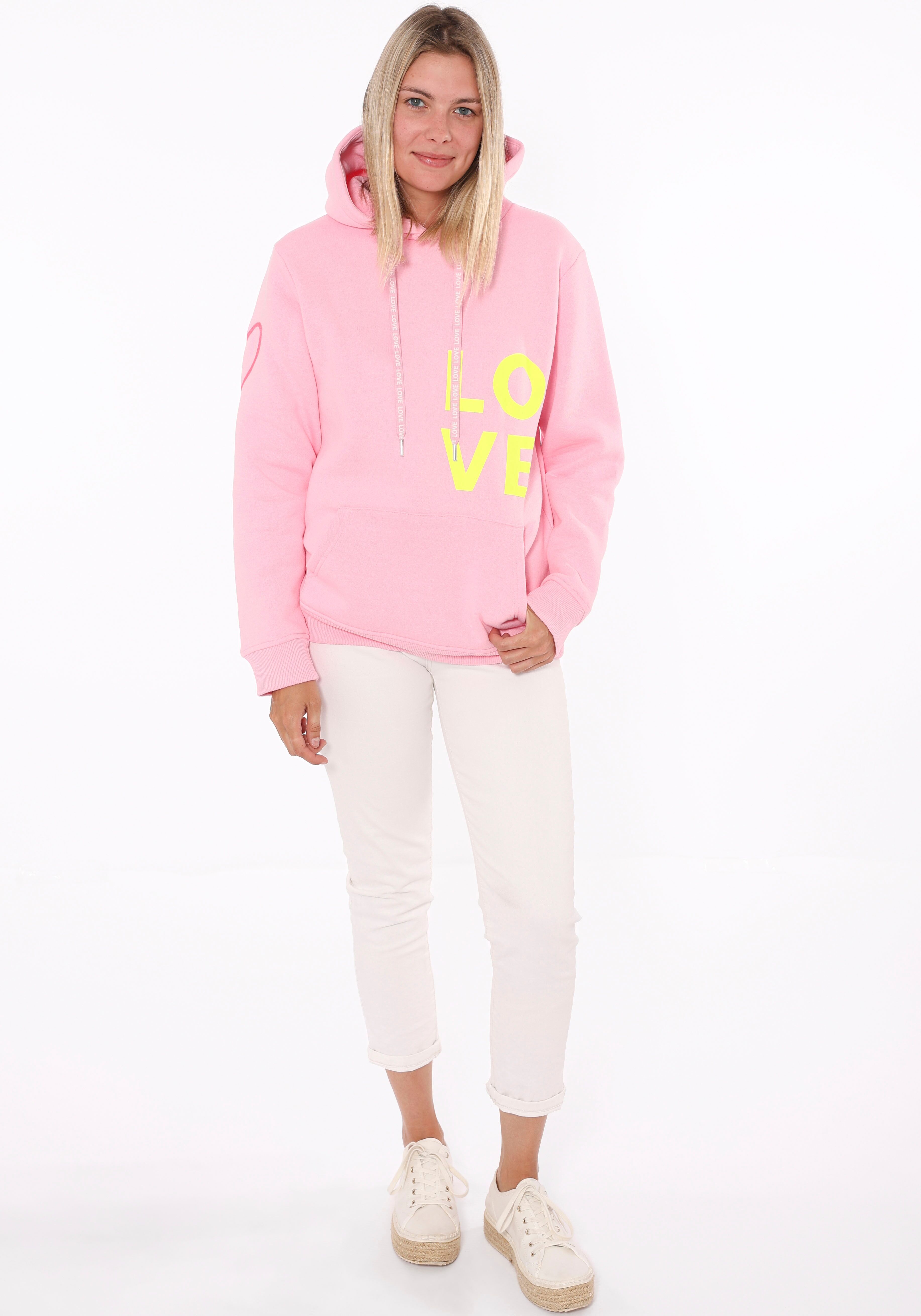 Kapuzensweatshirt ZWILLINGSHERZ, Damen, Gr. SM (S/M), pink, Sweatware, Obermaterial: 50% Baumwolle, 50% Polyester, normal hüftlang, V-Ausschnitt, Sweatshirts Kapuzensweatshirt, mit gesticktem Neon Herz am Ärmel und "Love" Schriftzug auf Kordel pink SM (S/