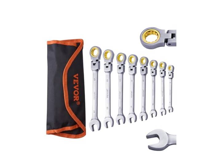 VEVOR Jeu de Clés à Cliquet à Tête Flexible 8PCs\, Clés à Cliquet Métrique 8-17 mm\, Ensemble de Clés en Acier Cr-V\, avec Pochette Enroulable\, pour Travaux Ménagers\, Réparations Auto\, Garage\, Atelier
