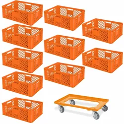 BRB 10 Euroboxen, 600x400x240 mm, orange, lebensmittelecht + Transportroller
