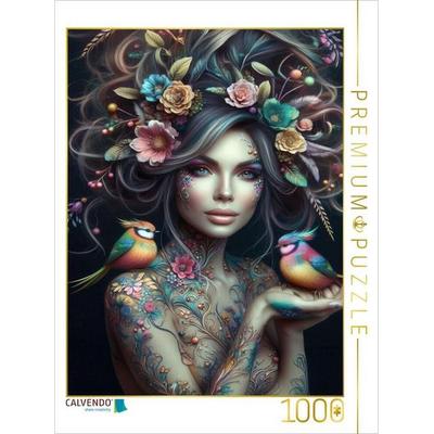 CALVENDO Puzzle Portrait einer Frau mit grau bunten organischen Haarschmuck und Paradiesvögeln auf der Hand | 1000 Teile Lege-Größe 64x48cm