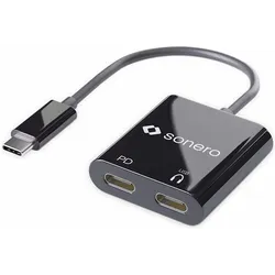 Sonero USB-Audio Konverter Premium, USB-C Stecker auf 2x USB-C Buchse, Audio Adapter, Schwarz