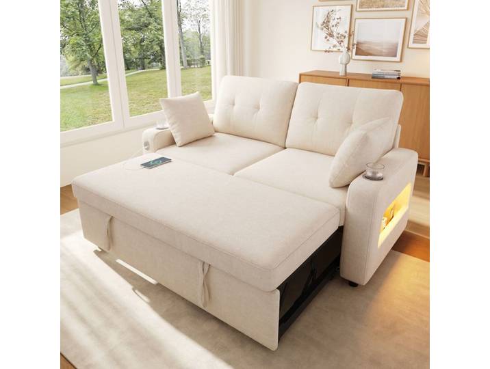 Canapé-lit - ZEVKOR - Canapé Convertible 2 Places Coulissant - Chenille beige - LED & USB Type-C - Rangements