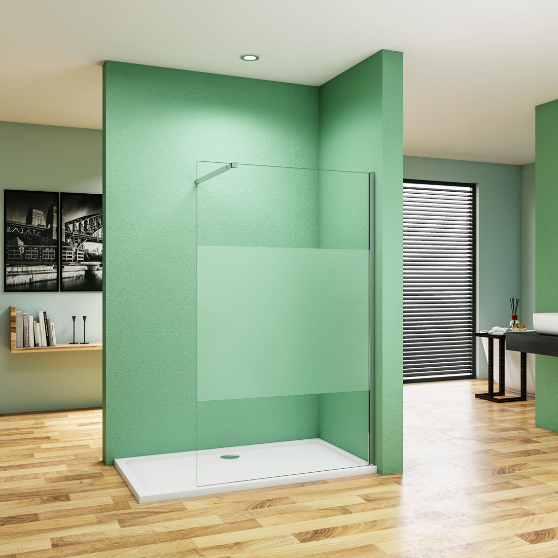 Walk in Duschwand 120x200cm Milchglasstreifen Duschabtrennung 10mm Nano ESG-Glas+73-120cm flexiblen Stange Duschkabinen