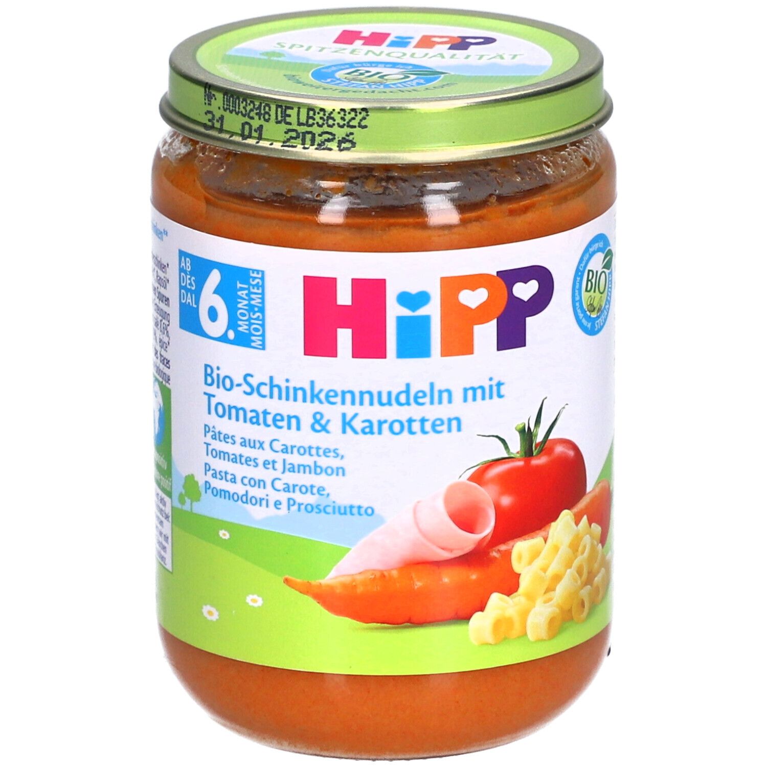 Hipp Bio Nudeln Rüebli Tomaten Schinken Glas 190 g Brei