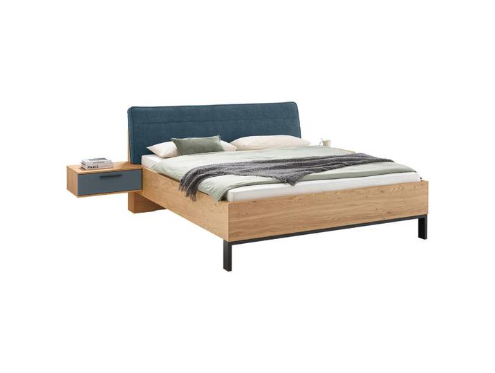 Dieter Knoll Bettanlage, Blau, Eiche, Holz, Balkeneiche, furniert, 180x200 cm, gepolstertes Kopfteil,hängend, Schlafzimmer, Betten