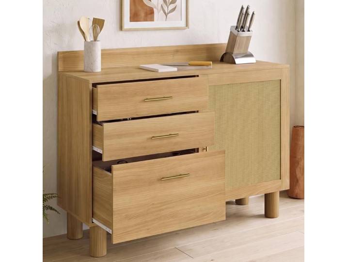Buffet bas cuisine 120 cm casserolier DENISE hêtre et cannage