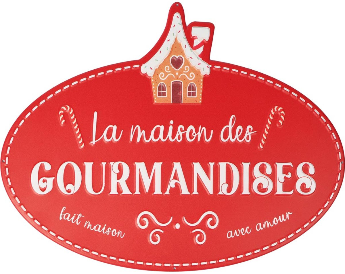 Wanddecoratie La Maison Des Gourmandises, rood metaal, 45 x 35 cm