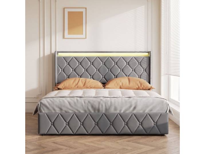 Lit coffre 160x200 -RWUDV-Tête de lit avec rangement USB LED-Lit 160x200 avec sommier-Lit double 160x200 avec rangement-Velours gris