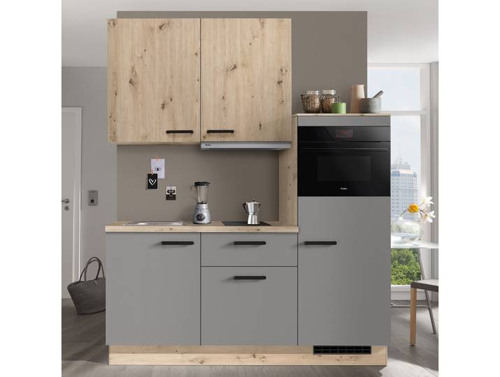 IMPULS Küchenblock - Schiefergrau - Eiche hell - Kühlschrank rechts - mit E-Geräten - 180 cm