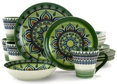 Elama Zen Green Mozaik 16 Piece Round Stoneware Dinnerware Set