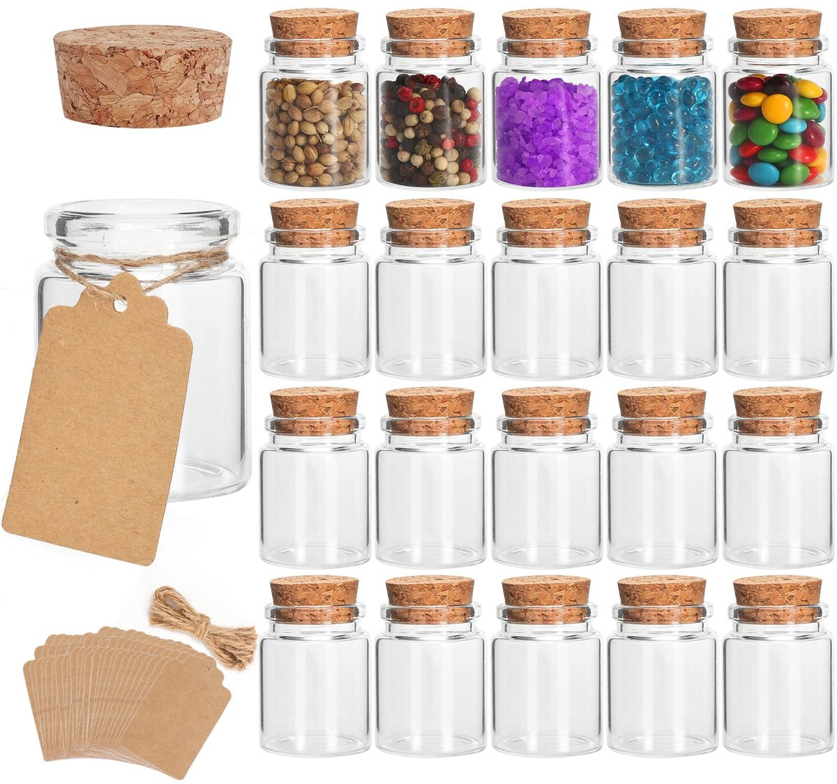 SnelShoppen 20 stuks mini glazen potjes met kurkstoppen, 30 ml, transparant