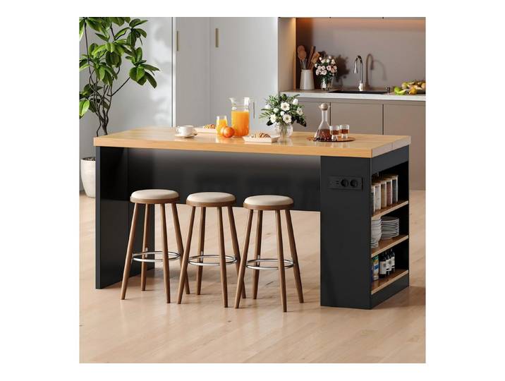 BlingBin Kücheninsel mit LED Beleuchtung & Steckdose, mit 40mm Arbeitsplatte,2xAC+2xUSB,3 offenen Ablagen,155x80x90cm