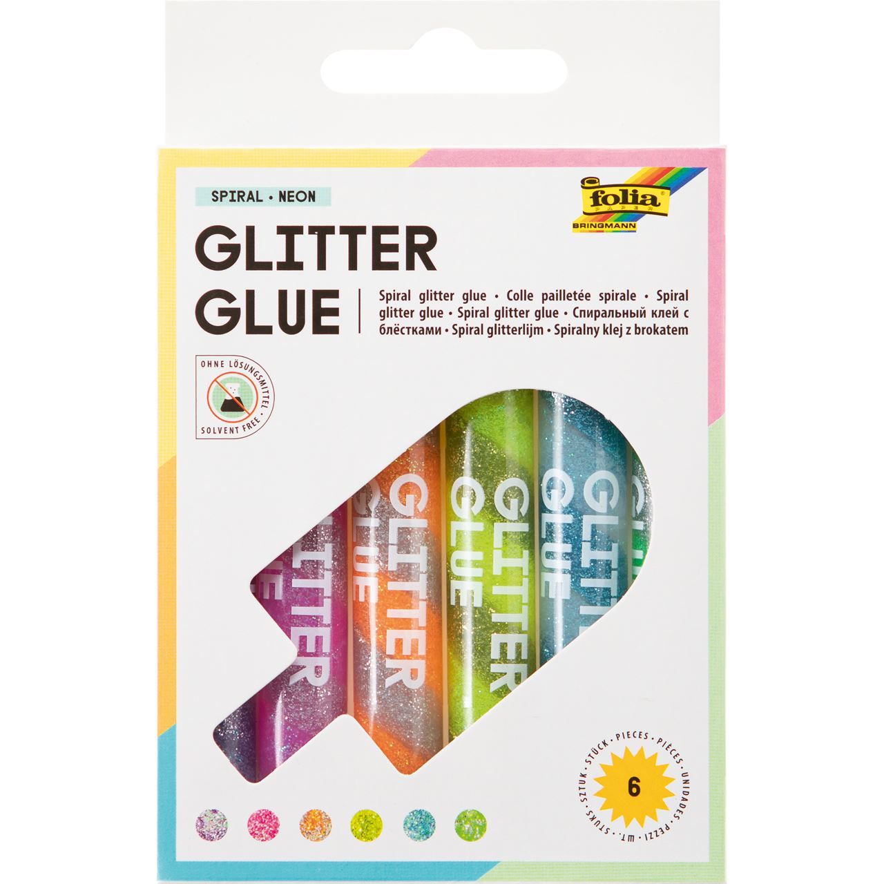 folia 6 Glitter Glue SPIRAL NEON Klebestifte 6 x 10,5 ml
