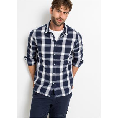 Langarmhemd BONPRIX "Langarmhemd aus reiner Baumwolle", Herren, Gr. 47/48 (XXXL), N-Gr, blau (dunkelblau kariert), Obermaterial: 100% Baumwolle, kariert, regular fit, Hemden, regular fit, aus reiner Baumwolle, Allover Karomuster, Kentkragen