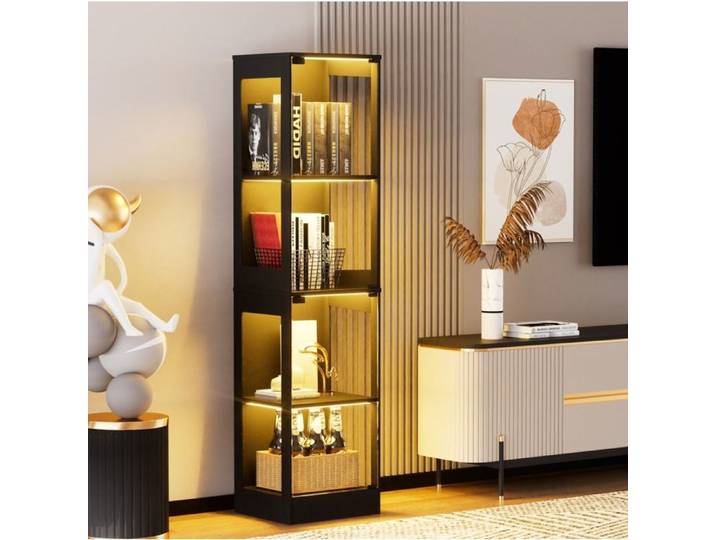 Meuble vitrine de rangement 4 niveaux avec portes en verre LED 3 modes capteur de mouvement 40x35x165 cm noir TYNQER