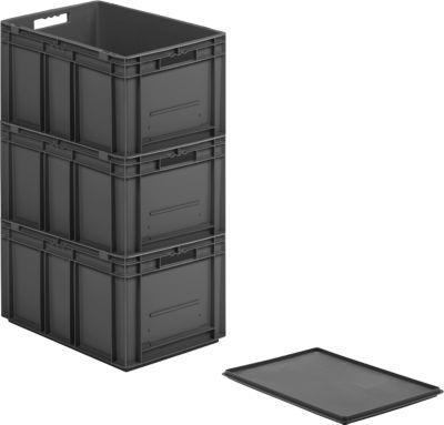 Euro-Maß-Behälter Serie EF 6320, Inhalt 63,7 l, Durchfassgriff, eisengrau, inkl. Deckel, 3 Stück