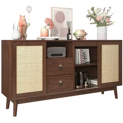 OKWISH Sideboard 155x38x80 cm Dunkles Holz MDF Spanplatte Rattan Schiebetüren Schubladen Massivholzfüße Stauraumschrank Wohnzimmer Esszimmer Flur