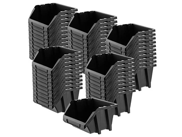 KADAX Werkstatt-Stapelkiste, kleine Sortierbox aus PP Kunststoff, Sichtlagerbox in verschiedenen Größen und Farben, Lagerboxen für Werkzeugswand (Schwarz, 50er Set - 272x238mm)