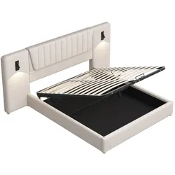 OKWISH Luxus Doppel-Polsterbett 180x200cm mit extra breitem Rückenkissen, schwenkbaren Leselampen, USB-Anschlüssen, hydraulischem Stauraum, Samtstoff Beige