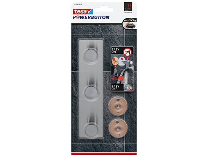tesa Powerbutton Classic Hakenlijst - Driedubbele zelfklevende haakjes - Handdoekhaken, ophanghaakjes - Draagkracht plakhaken 12 kg - RVS, rond - Mat zilver