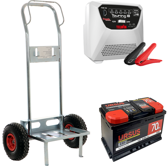 T.O. Set completo: carrello porta batteria Geotech + batteria 70ah + caricabatteria Telwin Touring 18